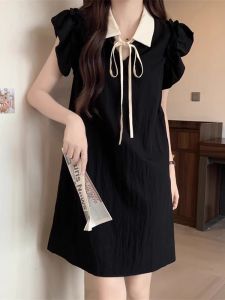 Elegant Black French Style Casual Summer Dress 2024 for Women with Fly Sleeve A-Line Skirt Polo Collar Single Piece