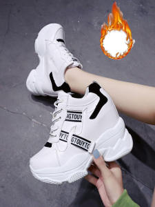 Spring 2025 Womens Sport Shoes Increased Height Dad High Heel Thick Bottom Versatile Platform Sneakers Korean Style round Toe