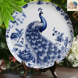 CIFbuy | Tranh Treo Tường Bằng Nhôm Hình Chim Công Thanh Lịch Họa Tiết Hoa Màu Xanh Trắng Trang Trí Bền Đẹp Phù Hợp Cho Nhà Ở Phòng Khách Phòng Ngủ Văn Phòng Phong Cách Cổ Điển.