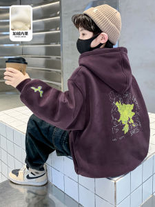 Boys Fleece Lined Hoodie Autumn Winter Fashionable Childrens Clothing Korean Style Letter Pattern Thickened Inner Layer