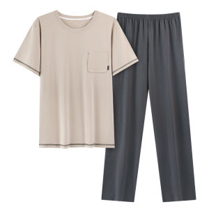 miiow | Mens Pure Cotton Sleepwear Short Sleeve Loose Casual Home Clothes Set Comfortable Breathable Summer Nightgown With Pants