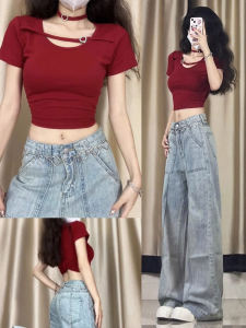 Pure Cotton Short Sleeve T-Shirt Womens Summer Heart Design Red Color Slim Fit Top U-Neckline Sweet And Spicy Style Cotton Polyester Blend