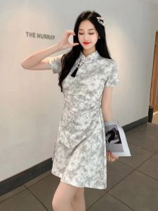 Slimming Young Style Cheongsam Dress Retro Waist-Cinching National Trend Skirt Short Sleeve Mid-length A-line Gown for Women