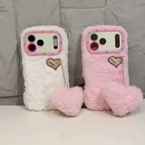 Potdemiel | Luxury Love Heart Pendant Fluffy Plush Phone Case For iPhone 17 16 15 14 13 12 Pro Max Lens Holder Shockproof Protective Cover