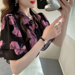 Áo Sơ Mi Hoa Tay Ngắn Rộng Rãi Màu Xanh Lam Cho Nữ Mùa Hè 2024 Áo Sơ Mi Cổ Polo Thường Ngày Bằng Vải Polyester Và Cotton