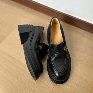 Find First Silent Bottom Layer Cowhide Camellia Thick Heel Womens Loafers High Heels Small Leather Shoes Single Shoes