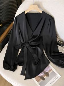 French Style V-neck Lace-up Satin Surface Shirt Womens Spring and Summer Waist-Tight Slim Looking Design Temperament Shirt Niche Style Young Tops