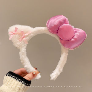 Leopard Print Stuffed Cat Ear Headband Female 2024 New Arrival Fall and Winter Cute Bows Face Wash Hair Band Hair Tie Non-Slip Hairpin