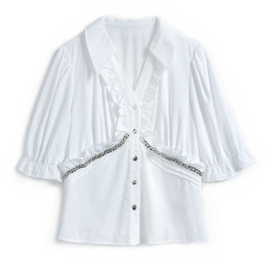 MIUCO Retro Metal Chain Floral Lace Collar Silk Womens Shirt Straight Tube Bubble Sleeve Polo Neck Pure Color Summer 2024