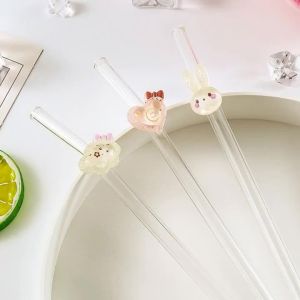 Cartoon Animal & Cloud Design Glass Straws Reusable Curved Drinking Straws with Rabbit Heart & Cloud Decor Kitchen Essential