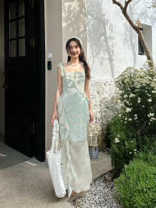 Sweet French Floral Lace Trim Halter Dress Fresh Vacation Gown Fairy Tale Skirt Pure Desire Style Bellsleeve Midi Summer Dress