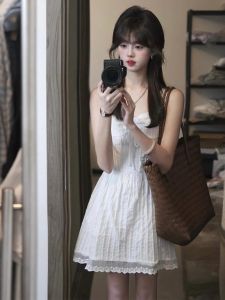 French Gentle Style White Strapless Dress Women Summer Sweet Lace Trim Small Size Waist Cinching Slimming Short Skirt