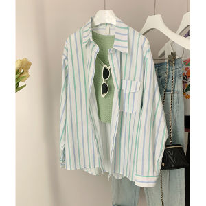 Womens Long Sleeve Striped Sun Protection Shirt Loose Fashionable Air Conditioned Top Korean Style Polo Collar Button Detail