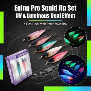 Ilure | 5pcs Luminous UV Horizontal Squid Shrimp Lures 5g Rattle Squid Jigs Double Layer Hooks Saltwater Night Fishing Tackle