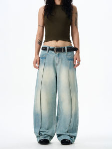 American Retro Patchwork Design Loose Straight Leg Jeans Casual Pants for Men And Women Wide Leg Cotton Blend Fabric