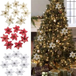【Hibeautylife】10pcs Big Flower Head Glitter Artificial Silk Flower Christmas Tree Ornament Xmas Decoration New Year Decor Navidad