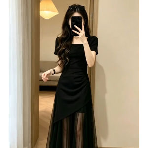 LIRUSHAN | Đầm Lưới Đen Xuyên Thấu Tay Ngắn Cổ Vuông Pháp Eo Thắt