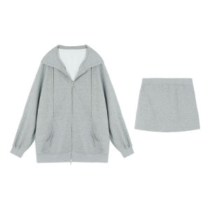ZHANGDAREN | Bộ Đầm Hoodie Trừu Trẻ Trung Phong Cách Hàn Quốc Màu Xám