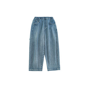 Loose Straight Leg Dinosaur Embroidered Jeans for Boys Autumn Fashionable Versatile Cotton Blend Fabric mid Waist Elastic Belt