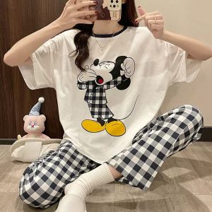 YOLO Bộ đồ ngủ Phụ nữ mùa hè tay ngắn phong cách Hàn Quốc mùa xuân và mùa Thu Dễ Thương quần mỏng lỏng quần áo nhà phù hợp với kích thước lớn phim hoạt hình