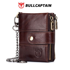 BULLCAPTAIN Genuine leather mens wallet coin purse compact mini card holder rfid blocking wallets chain combination wallets