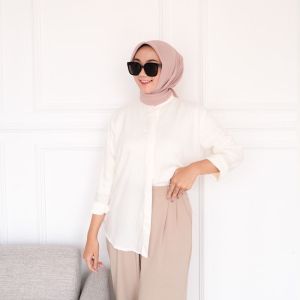 Baju Kemeja Wanita Polos Casual Putih Lengan Panjang Pcket Blouse Basic Katun Import Premium Terbaru