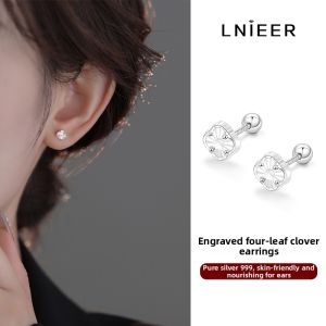 Lnieer | 999 Silver Four-leaf Clover Earrings Studs Screw-back Ear-piercing-friendly