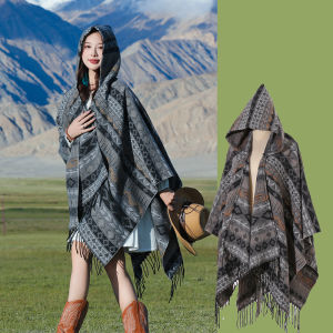 Bohemian Ethnic Style Hooded Cloak Shawl Travel Warmth Outerwear Thick Scarf Youthful Spring Autumn Winter Womens Fashion