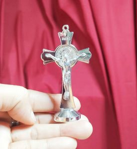 St. Benedict Exorcism Silver Crucifix or Car Adhesive Stand/Hanging Crucifix Silver Metal 1.75X3.25 inch