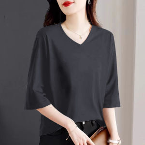 Big Brand Label Cutting Export Export Big Sale Solid Color Three-Quarter Length Sleeve Younger Fashion Cotton V Neck Loose Inner Wear Blouse Women