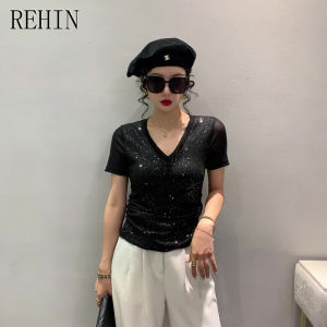 REHIN ไฟคอวีใหม่ฤดูร้อนหรูหรางานหนักประดับด้วยเลื่อมโปร่งใสเล็กน้อยเสื้อยืดผ้าตาข่ายและกระชับสัดส่วนพร้อมเสื้อจับจีบ