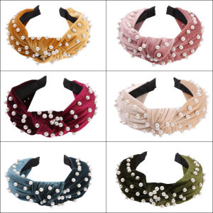 2022 New Wide Edge Gold Thread Flocked Beaded Hairband Simple Retro Pearl Hairband Knot Washing Face Hairband Fashion Accessories