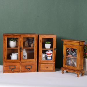Wooden Storage Box Retro Solid Wood Glass Door Perfume Cosmetics Cabinet Props Old Storage Box zakka