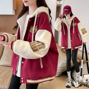 เสื้อแจ็คเก็ตเบสบอลขนแกะสำหรับผู้หญิง ฤดูใบไม้ร่วง/ฤดูหนาว ทรงหลวม หนา ปกโปโล แขนยาว ปกปิดหน้าอก เสื้อคลุมกันหนาวผ้าฝ้าย