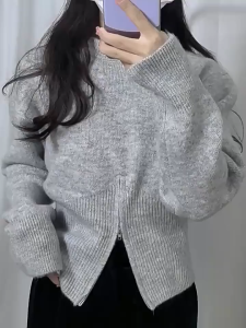 Korean Style Knitwear Crewneck Zipper Design Long Sleeve Sweater for Women