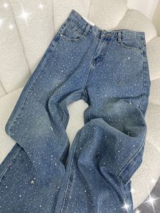 กางเกงยีนส์ทรงตรงเอวสูงทรงหลวมสำหรับผู้หญิง ฤดูใบไม้ร่วง 2025 กางเกงขายาวทรงสลิมฟิตดีไซน์หนักด้วยคริสตัล กางเกงยีนส์ทรงตรงลำลอง