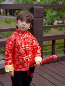 Childrens Traditional Chinese New Year Outfit Winter Cotton Padded Retro Tang Suit Style Boys Clothing Baby New Year Visit Clothes