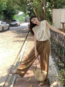 Summer New Korean Style Drawstring Pleated Hem round Neck Sleeveless Casual Wide Leg Pants Womens Shirt Two Piece Set