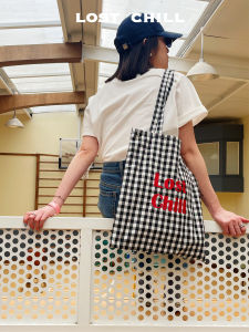 Lost Chill French Vintage Black White Grid Canvas Bag Red Letter Embroidery Casual Checkered Shoulder Bag Soft Handle Zipper Closure