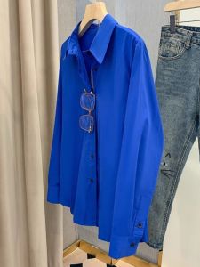 plus Size Womens Klein Blue Long Sleeve Polo Shirt Spring Loose Fit Versatile Top for plus Size 300 Pounds Comfortable Style