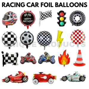 Racing Car Foil Balloons Wheel Helmet Checkered Racing Cars Balloon Belon Foil Bertema Kereta Lumba