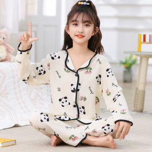 Childrens Cotton Silk Sleepwear Long Sleeve Thin Home Clothes for Spring Summer Autumn Girls Air Conditioning Suit Breathable Moisture Wicking