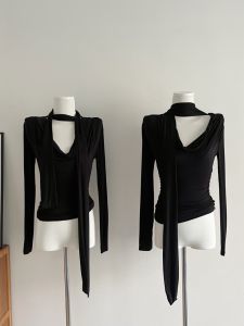 Original Design Early Autumn Long Sleeve T-Shirt V-neck Slimming Black Sash Trendy Girl Commute Style Cotton Blend Winter Wear