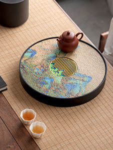 Tang Feng Small round Tea Tray Drain Plate Tea Set Storage Dry Puff Plate Desktop Mini Tea Table Water Drainage Stone Material