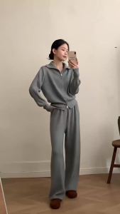 Spring Autumn Soft Knit Sweater Suit Women Long Sleeves Zipper Sweater+high Waist Straight Wide Leg Pants Female Two Piece Set