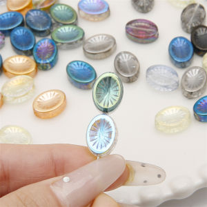 10pcs 14x11mm Glass Ice Transparent Aurora Iridescent Beads Flat Oval Shape For Handmade Bracelet Necklace Earring Keychain DIY Craft Jewelry Making Accessories