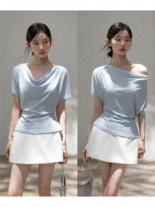 Cantonstory | Off-Shoulder Blue Slim Fit T-shirt