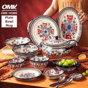 OMK Polish Style Hand-Painted Underglaze Ceramic Tableware Set Salad Bowl Large Soup Bowl With Lid Bowl With Double Handles Heart-shaped Bowl