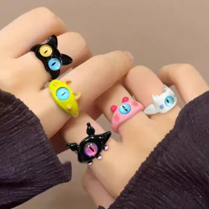 Ka💥Kucing Hitam Lucu Cincin Monster Kecil Mata Besar Kartun Keren Kartun Cincin Pasangan Lovely