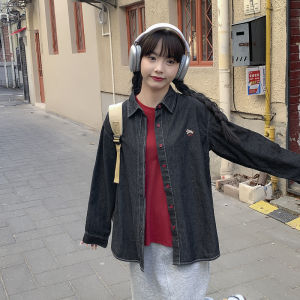 ม้าปักย้อนยุค สีดำ เดนิม เสื้อเชิ้ต ผู้หญิง ฤดูใบไม้ผลิ ฤดูใบไม้ร่วง ขนาดเล็กไม่ซ้ําใคร สวยสุด ๆ เสื้อท่อนบน หวาน สไตล์ญี่ปุ่นสีบริสุทธิ์